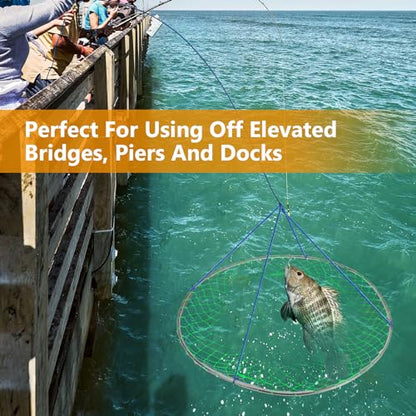 QualyQualy Large Bridge and Pier Fishing Net 32''/39'' Hoop, Foldable Drop Net Pier Fishing for Saltwater with Rope, Landing Net with Nylon Mesh, Collapsible Soft Steel Ring - color: Green, size: L: 39''×36''