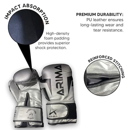 Boxing Gloves - Premium PU Leather, Heavyweight - Ideal for Boxing, Kickboxing, Muay Thai & Fitness Training - color: Silver, size: 12 oz.