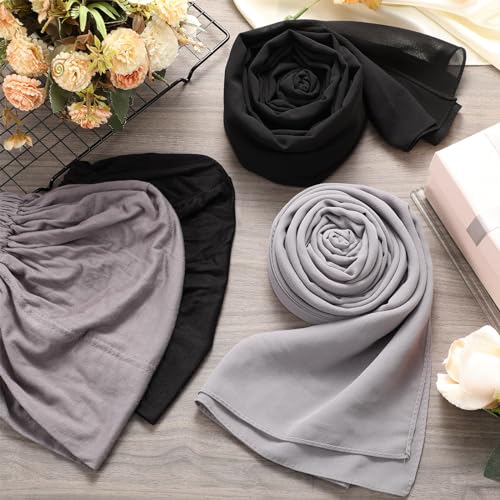 4 Pcs Women Solid Chiffon Hijab Scarves and Undercap Set Long Shawl Soft Wrap Scarves Muslim Inner Hijab Caps - color: Black, Dark Gray