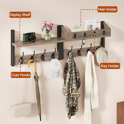 YMYNY 31.5" Coat Rack Wall Mount with Shelf, 4 in 1 Key and Coat Hanger with 12 Metal Hooks, Wall Shelf with Hooks & Mail Holder for Living Room, Bedroom, Silver Gray, HWS007Y-2 - color: Silver Gray, size: 31.5" - 4-in-1