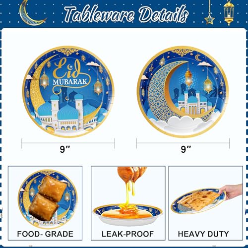 Ramadan Plates for Home Blue and Gold Eid Mubarak Ramadan 9 Inch 24Pcs Paper Plates for Ramadan Party Decorations
