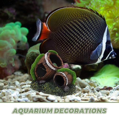 Aquarium Barrel Hideout Resin Fish Tank Decor Ornament Double Broken Barrel Landscaping Cave for Betta and Reptile Tanks Small Size