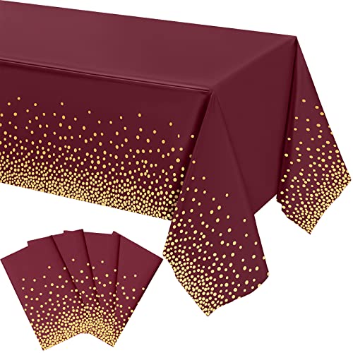 Tegeme 4 Packs Burgundy and Gold Plastic Table Cloths for Parties Disposable Maroon Ramadan Mubarak Tablecloths Decoration with Gold Stamping Dot 108 x 54'' for Birthday Graduation Ramadan Party - color: Maroon, Gold