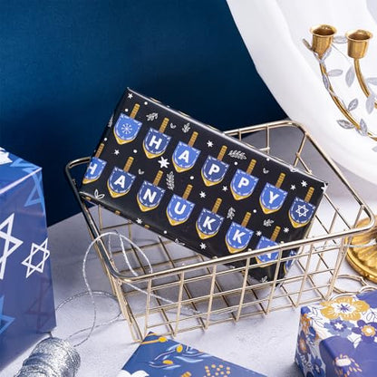 RUSPEPA Hanukkah Wrapping Paper Sheets, Menorah, Star of David, Dreidel and Floral Design, Blue and Gold Gift Wrap Perfect for Jewish Holiday Gifts and Christmas, 6 Folded Sheets, 19.68 X 27.5 Inch - color: Dark Blue Hanukkah