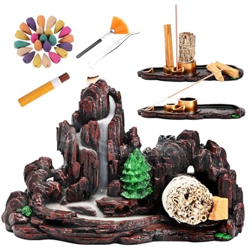 Mountain Waterfall Incense Burner，Backfall Incense Holder River, Incense Falls Meditation Decor for Room with Upgrade Incense Cones and Accessories (5in1 Palo Santo)