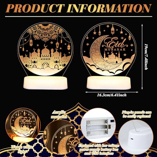 2 Pcs Ramadan Decorations Lights for Home Eid Mubarak Table Decor LED Ramadan Night Lights Crescent Moon Castle Lantern Centerpiece for Home Islamic Mosque Muslims Crafts Table Decor Eid Gifts(Cute) - style: Cute