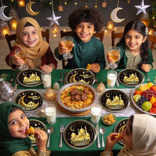 Ramadan Plates for Home Black and Gold Eid Mubarak Ramadan 9 Inch Paper Plates for Ramadan Party Decorations