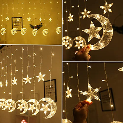 WATERGLIDE 138 LED Star Moon Curtain Decorative Lights, Window Curtain Fairy String Lights, Remote Control & USB Plug, 8 Lighting Modes for Home Holiday Ramadan Christmas Wedding Party, Warm White