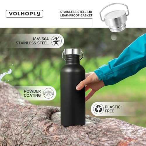 Volhoply 32oz Uninsulated Single Walled Water Bottle, Stainless Steel Sports Water Bottles with Handle, BPA Free Lightweight Water Bottles for Hiking, Biking, Running（Black,1） - color: Black