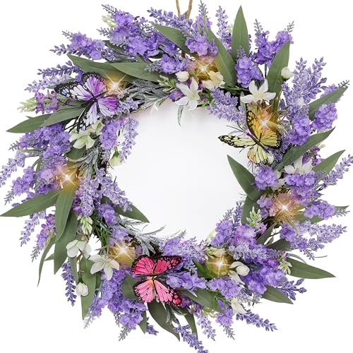 20" Lavender Wreath with LED Lights & Butterflies, Front Door Decor - color: P_wreath