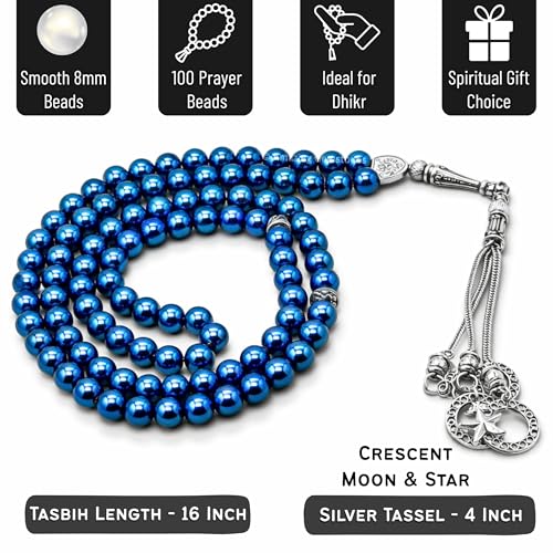Amazing Gemstone Blue Hematite Tasbeeh with Moon and Star Charm - Certified Crystal Muslim Prayer Beads Natural Gemstone Tasbih Gift for Ramadan Dhikr and Daily Namaz (S) - color: Blue Hematite