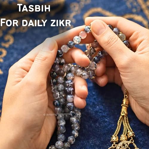 Amazing Gemstone Crystal Tasbeeh with Moon and Star Charm - Certified Crystal Muslim Prayer Beads Natural Gemstone Tasbih Gift for Ramadan Dhikr and Daily Namaz (G) - color: Dragon Vein Agate