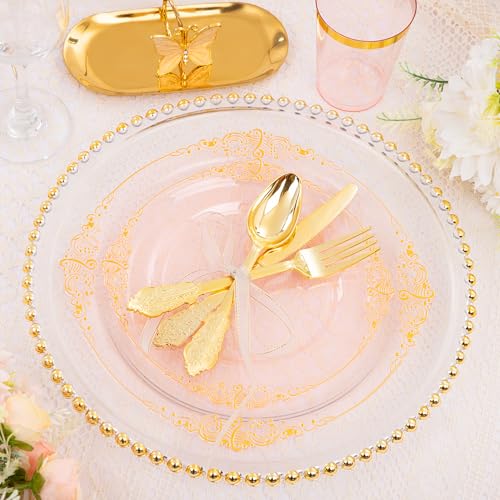 Hioasis 175pcs Pink and Gold Plates - Pink Party Plates for 25 Guest, Include 50 Heavy-duty Plates(20% Thicker Than Standard), 75 Cutlery Set, 25 Napkin, 25 Cups for Party & Easter - color: Pink and Gold