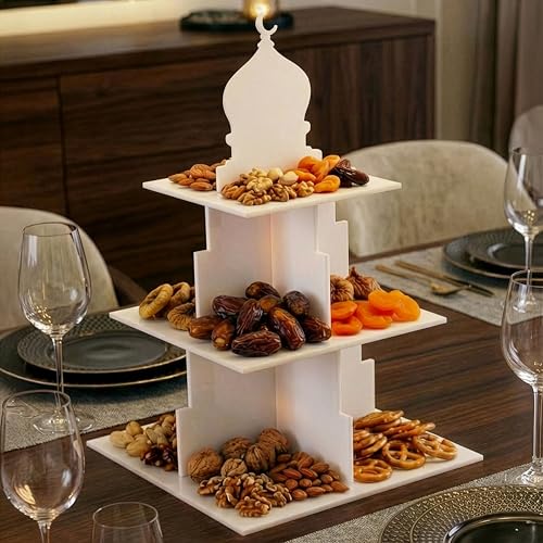3 Tier Serving Stand and Tiered Serving Tray Display, Clear Acrylic Minaret Design Table Decor, Dessert Fruit & Date Stand for Iftar, Islamic Table Centerpiece for Ramadan and Eid - color: White, size: 17.7" x 11.4" x 17.7"