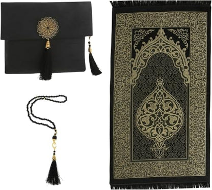 Premium Area Rug for Islamic Prayers - Muslim Prayer Mat and Rug for Men with Arabic Gifts - Traditional Islamic Prayer Rug Islam - سجادة صلاة Included - color: Black