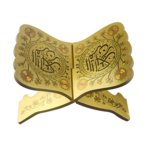 Milisten Wooden Book Stand Vintage Ramadan Quran Holder Folding Bible Display Stand Decorative Islamic Eid Mubarak Bookshelf Organizer for Reading Prayer Chapel Golden