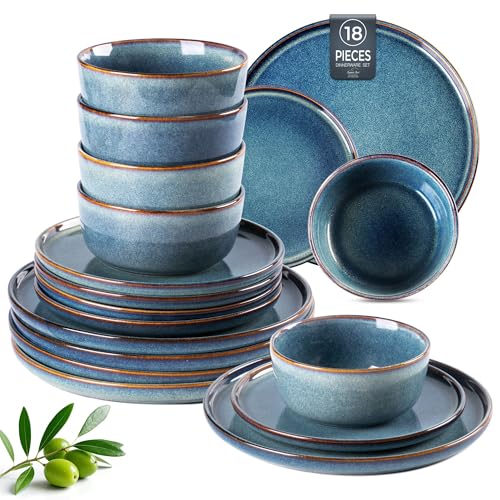 AmorArc Stoneware Dinnerware Sets for 6, 18 Piece Plates and Bowls Sets - color: Ceylon Blue, size: Service for 6