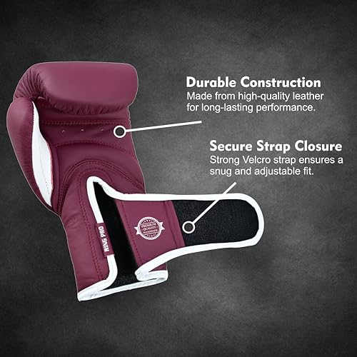 Ring Pro Leather Boxing Gloves with Strap – Premium for Training, Sparring, MMA, Kickboxing, Muay Thai (Unisex) - color: Maroon, size: 12 oz