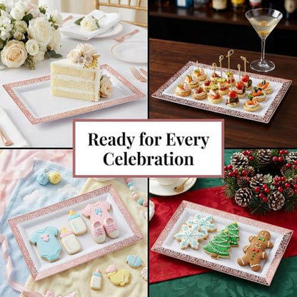 Yumchikel-Plastic Serving Tray & Platter Set (4pk) White & Rose Gold Lace Disposable Party Trays & Platters for Food - Weddings, Dessert Table, Cupcake Display -14"x7.5" inches - color: White Rose Gold Lace, size: 4 Pack