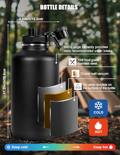 Tactical Half Gallon Water Bottle with Straw, 64 Oz Insulated Water Jug with Molle Water Bottle Holder, Stainless Steel Sport Bottle with 3 BPA Free Lids for Gym Workout Hiking (64oz-Gray) - color: 64oz-Gray