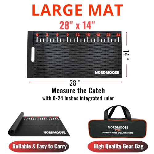 Nordmoose Fish Fillet Mat with Storage Bag and Fish Ruler Decal. Large 28""x14"" Nonslip Fish Cleaning Mat that Grips the Fish - Durable & Easy to Clean, Portable Fish Cutting Board, Black