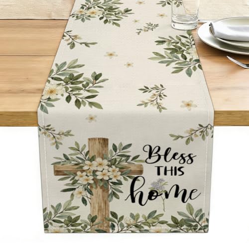 Cross Olive Leaves Spring Table Runner, Housewarming Gifts for Women Mom - color: Bless This Home