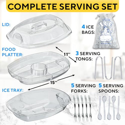 Premium Chilled Serving Tray for Parties - 15" Ice Chilled Party Platter w/Lid & Dip Holder - Functional Cold Dish w/ 4 Compartments - Perfect for Fruits, Veggies, Shrimp Cocktail - Keeps Food Cool