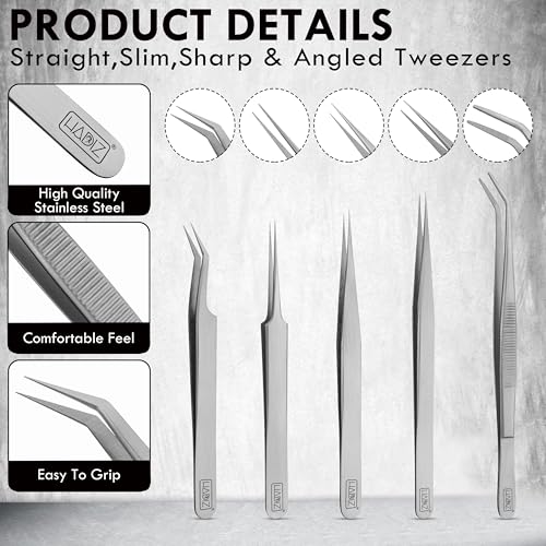 HADIZ Precision Tweezers set Upgraded Anti-Static Stainless Steel Heat Resistant, Curved, Jewelry, Electronics, Craft, Soldering, Experimental Work (5)