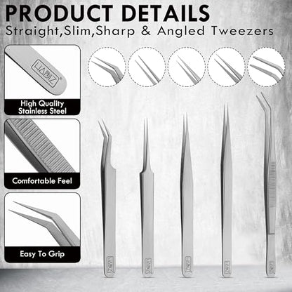 HADIZ Precision Tweezers set Upgraded Anti-Static Stainless Steel Heat Resistant, Curved, Jewelry, Electronics, Craft, Soldering, Experimental Work (5)