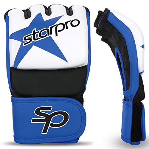 Starpro MMA Grappling Gloves for Men & Women - Faux Leather with Dense Padding- Sparring Training Kickboxing Martial Arts Competition - color: Blue/Black, size: Medium