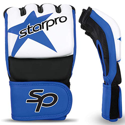 Starpro MMA Grappling Gloves for Men & Women - Faux Leather with Dense Padding- Sparring Training Kickboxing Martial Arts Competition - color: Blue/Black, size: Medium