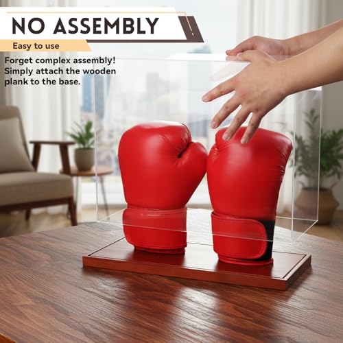 Boxing Glove Display Case 2 Glove - No Assembly Acrylic Clear Showcase with Wood Base - 2 Glove Holder - UV Protection Souvenirs and Collectibles Box