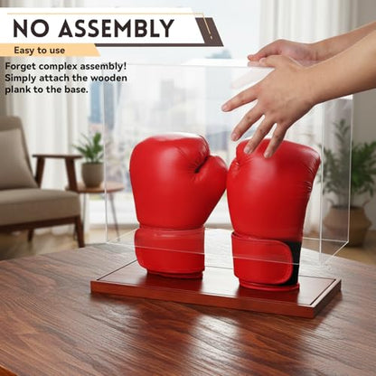 Boxing Glove Display Case 2 Glove - No Assembly Acrylic Clear Showcase with Wood Base - 2 Glove Holder - UV Protection Souvenirs and Collectibles Box