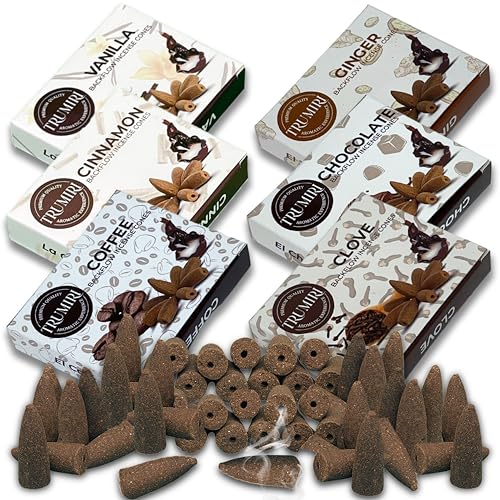 Gourmet - Backflow Incense Cones for Waterfall - Scented Inscents-Cones - Cinnamon, Vanilla, Coffee, Chocolate, Clove, Ginger - Insiensos Aromaticos - 6x10=60 Large Variety Pack - color: Gourmet