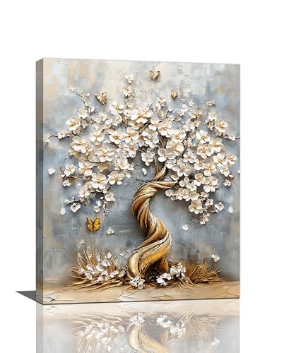 Flowers Wall Art White Blossom Butterfly Pictures Wall Decor 3d Floral Tree Of Life Canvas Print Painting Modern Home Decoration Unframed Artwork for Living Room Bedroom Kitchen Office 16"X20" - color: Blossom Ttree, size: 16"L x 20"W