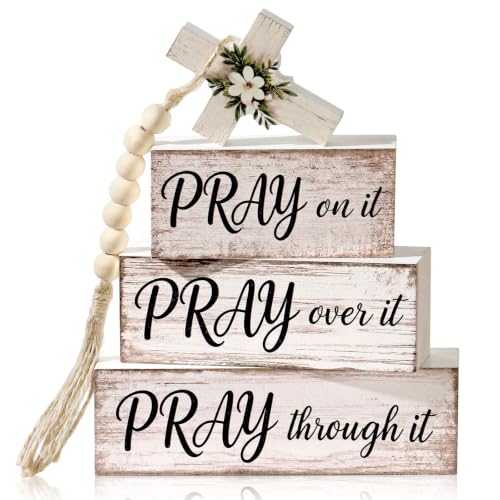 4Pcs Wooden Christian Table Decor Wood Cross Bible Verse Tiered Tray Decoration Farmhouse Pray Block Sign Gift Religious Centerpiece Decor for Easter Home Bookshelf Office Desk Prayer Room - color: Pray