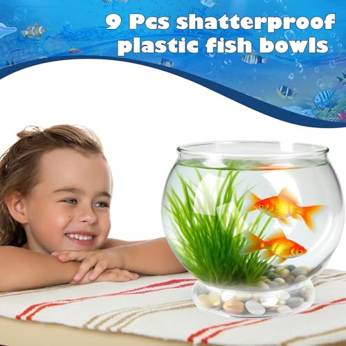 9 Pcs Fish Bowl 7.09 x 6.3 Inch Clear Plastic Fish Tank 100 oz Round Desktop Aquarium Multipurpose Goldfish Bowl for Home Office Party Favors Turtle Goldfish