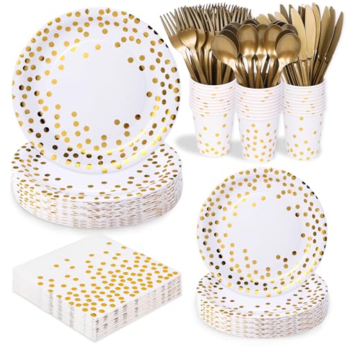 175 Pcs White and Gold Dot Disposable Paper Party Supplies Sets Serve 25