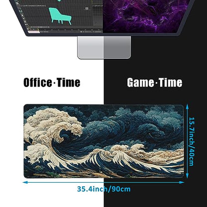Japanese Ocean Waves Large Gaming Mouse Pad,Waterproof Desk Mat for Desktop,Non-Slip Rubber Base Mousepad with Stitched Edges for Laptop Office and Home 35.4X15.7 Inch - color: Japanese Ocean Waves