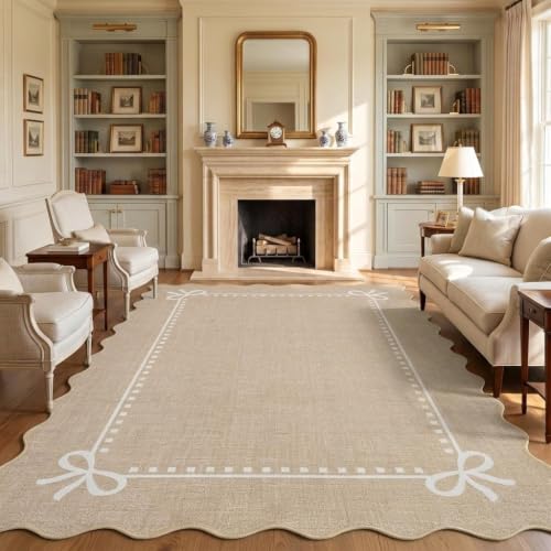 Garvee Scalloped Bow Rug for Living Room Washable Solid Camel 5x7 Area Rugs - color: Dark Beige, size: 5' x 7' (Rectangular)