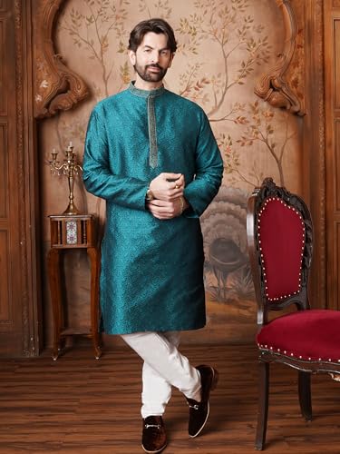Sojanya (Since 1958 Men'S Teal Silk Blend Kurta Churidar Pyjama Set - color: Teal Green and Off White, size: Large