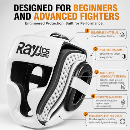 Boxing Headgear for Men Women – Professional Lightweight Open Face Head Guard, Breathable Protection, Secure Fit for MMA Muay Thai Kickboxing Sparring Training - color: White