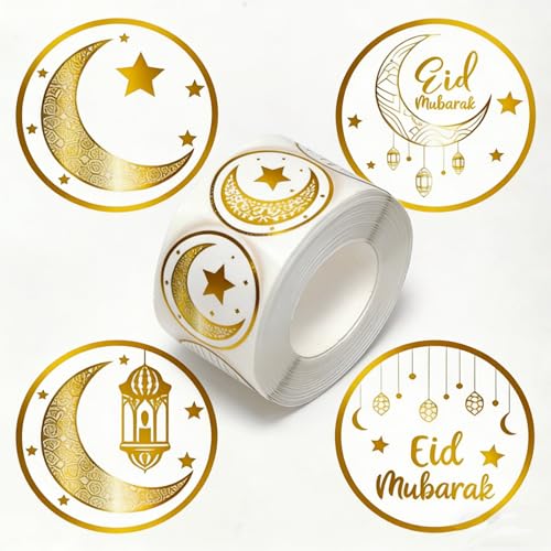 500 PCS Eid Mubarak Stickers, 1'' Roll Ramadan Stickers Self-Adhesive Envelope Seals Stickers Eid Mubarak Ramadan Decorations Holiday Stickers for Envelope,Gift Bags,Wrapping,Cards Party Supplies - color: White-gold-(1inch)