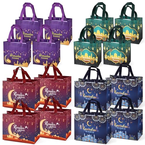 16PCS Ramdan Mubarak Reusable Gift Bags, Assorted Size Treat Bags with Handles, Ramadan Mubarak Party Bags, Multifunctional Non-Woven Ramadan Bags for Gifts Wrapping, Ramadan Kareem Party Supplies