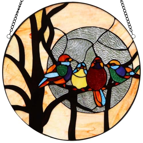 Bieye W10045 Birds Sitting on The Bare Tree Branch Again Full Moon Tiffany Style Stained Glass Window Panel Hangings with Chain, 16-inch Wide Round Shape, Cream-Colored