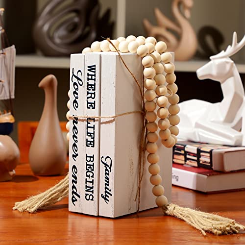 Jetec 3 Pcs Decorative Display Books White Home Decor Coffee Table Faux Stacked Fake Decorative Books with Wood Bead Tassels for Shelves Kitchen Entryway Living Room, 58 Inch, Family Where Life Begins - style: Family Where Life Begins