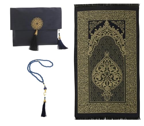 Prien Muslim Prayer Rug with Tasbih and Portable Bag, Muslim Gift for Women Men, Mubarak Islamic Box, Soft Mat Islam Gifts Set, Turkish Sajadah for Ramadan, Eid, Hajj, Travel, Pray (Navy Blue) - color: Navy Blue