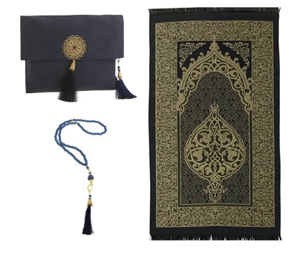 Prien Muslim Prayer Rug with Tasbih and Portable Bag, Muslim Gift for Women Men, Mubarak Islamic Box, Soft Mat Islam Gifts Set, Turkish Sajadah for Ramadan, Eid, Hajj, Travel, Pray (Navy Blue) - color: Navy Blue