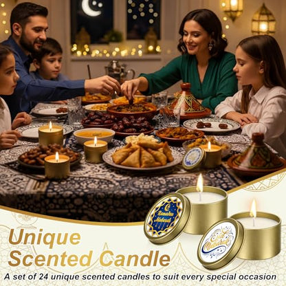 Nuanchu 24 Pack Eid Mubarak Scented Candles Gift 2 oz Blue Gold Star and Moon Design Ramadan Aromatherapy Soy Wax Jars Lasting Bulk Favors for Home Islamic Holiday Party Decor - style: Blue Gold Star and Moon Design