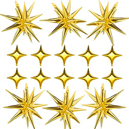 Gold Star Foil Balloons Kit - 6 Pack 12 Point Starburst Cone and Spike Balloons With 10Pcs Four Pointed Stars for Wedding, Baby Shower, Photo Booth, Birthday Party Supplies - style: Gold Star Explosion Balloons